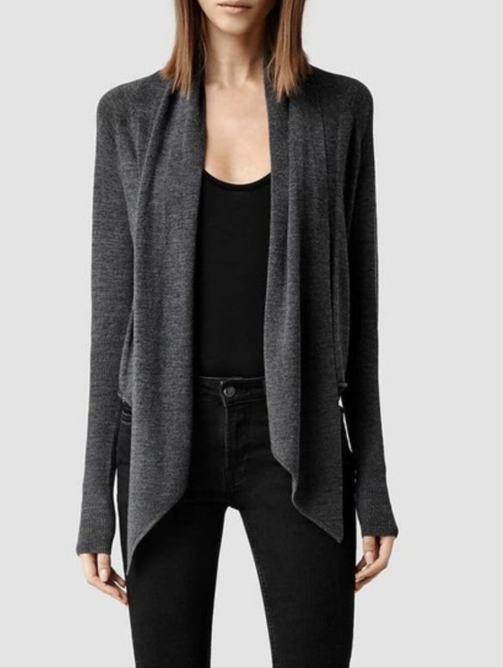 All Saints | Wasson Pirate Dark Gray Wrap Cardigan Sz 8 100% Merino Wool